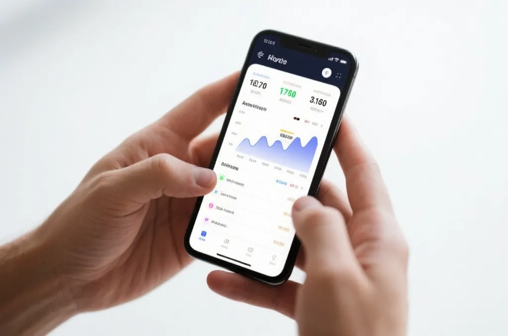 Hands holding a smartphone displaying a generic sports analytics screen with charts and statistics